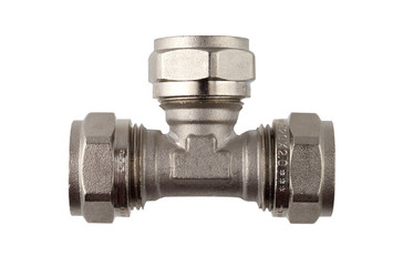 Water fitting on a white background. Brass fitting close-up.