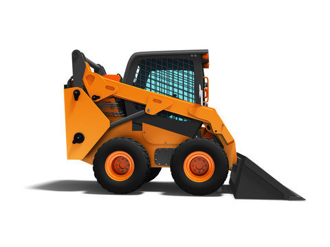 Orange mini loader with protective cabin with ladle in front for work 3d render on white background with shadow