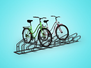 Obraz na płótnie Canvas Two bicycles with bicycle stop 3D render on blue background with shadow