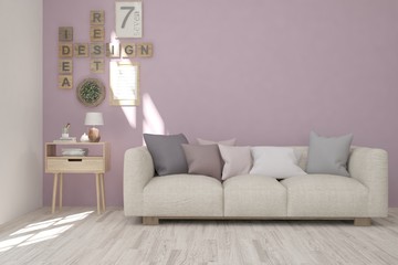 Stylish room in violet color with sofa. Scandinavian interior design. 3D illustration