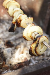 Chopped onion rings fried on a fire on skewers close-up.