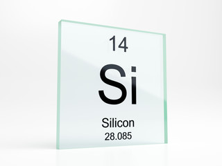 Silicon element symbol from periodic table on glass icon - realistic 3D render