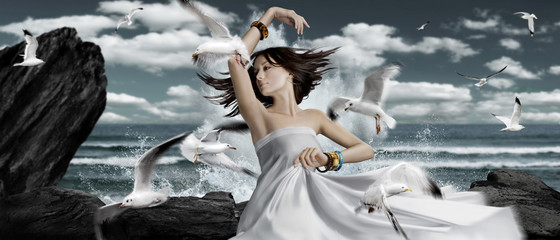 fairy marine art background with sea, waves, seagulls flying and dancing girl