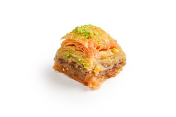 Pistachio baklava on a white background. Dessert.