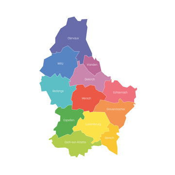 Cantons of Luxembourg. Map of regional country administrative divisions. Colorful vector illustration