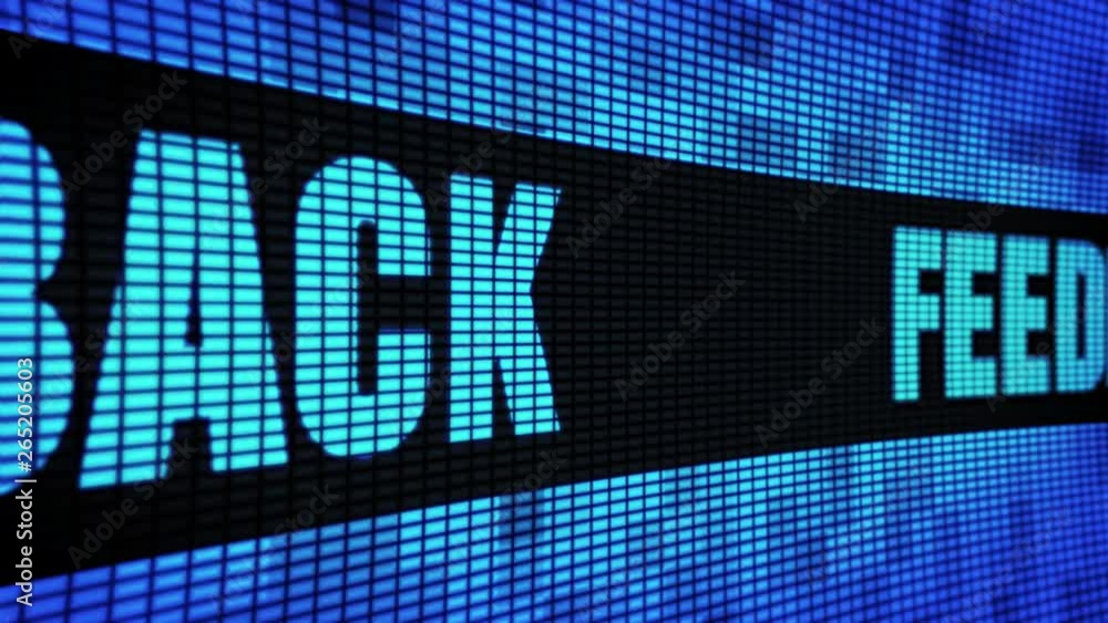 Poster feedback side text scrolling on light blue digital led display board pixel light screen looped anima