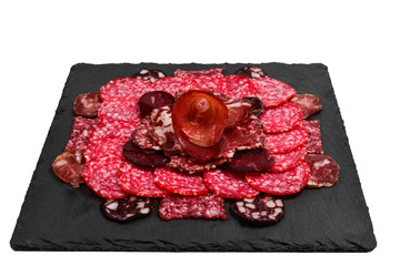 Different kinds of meat cuts on the boards. On a wooden background.