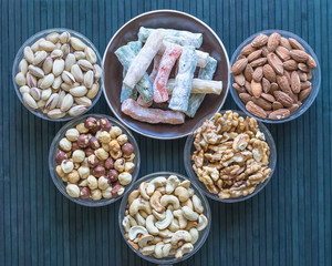 Traditional Turkish Delight. Oriental dessert on a  plate. Isolated on background. Eastern delicacy sweets. Healthy food. Nuts mix assortment.  nuts, pistachios, almond, cashew nuts, peanut, walnut 
