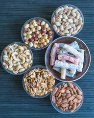Traditional Turkish Delight. Oriental dessert on a  plate. Isolated on background. Eastern delicacy sweets. Healthy food mix assortment. Collection of different for image close up top view
