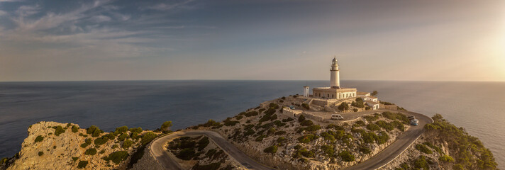 Panorama of a lighthouse on Mallorca at sunrise / Cap Formentor