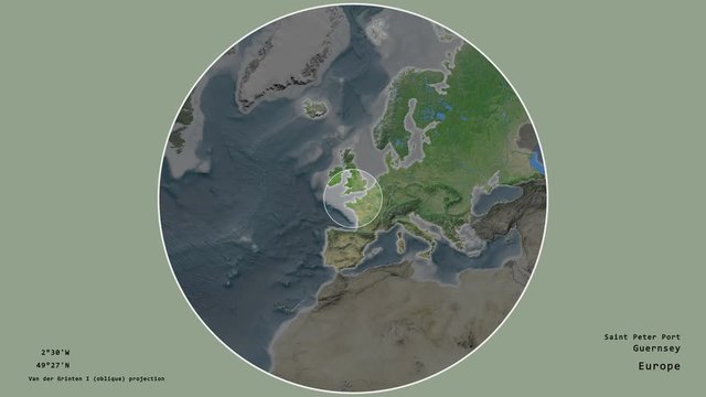 Guernsey and its capital circled and zoomed on the global satellite map in the van der Grinten I projection with animated oblique transformation. Animation 3D