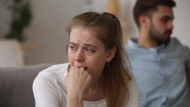 Depressed crying young woman wife upset about family fights