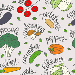 Seamless pattern vegetables with inscriptions. Vegetarian healthy food. Vector illustration.