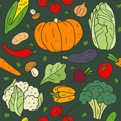 Hand drawn vegetables seamless pattern on a dark background. Vegetarian healthy food. Vector illustration for banners, websites, menu design, packaging, cook book or advertising.