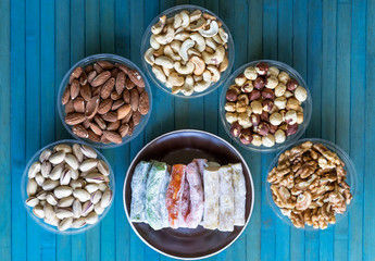 Traditional Turkish Delight. Oriental dessert on a  plate. Isolated on background. Eastern delicacy sweets. Nuts mix assortment. nuts, pistachios, almond, cashew nuts, peanut, walnut on top view