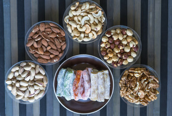 Traditional Turkish Delight. Oriental dessert on a  plate. Isolated on background. Eastern delicacy sweets. Healthy food. Nuts mix assortment. Collection of different  for image close up nuts, 