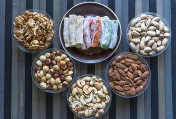 Traditional Turkish Delight. Oriental dessert on a  plate. Isolated on background. Eastern delicacy sweets. Healthy food. Nuts mix assortment. nuts, pistachios, almond, cashew nuts, peanut, walnut