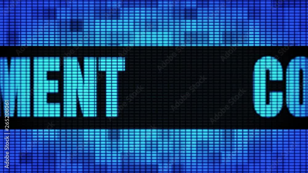 Poster comment front text scrolling on light blue digital led display board pixel light screen looped anima