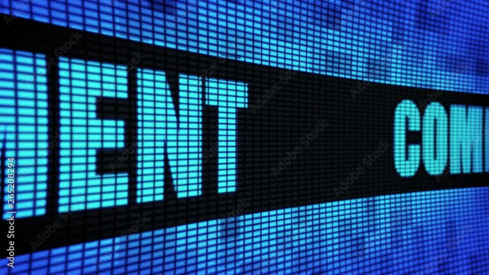 Poster comment front text scrolling on light blue digital led display board pixel light screen looped anima