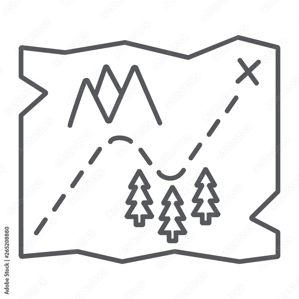 Poster map thin line icon, travel and navigation, paper map sign, vector graphics, a linear pattern on a wh
