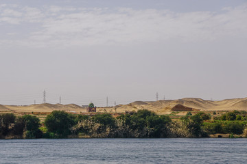 Fototapeta na wymiar Nile River, Egypt: A small moque, power lines, camels, and cattle along the bank of the Nile River.