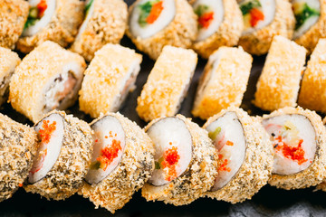 Tempura maki sushi rolls, menu background, Japanese fusion restaurant concept