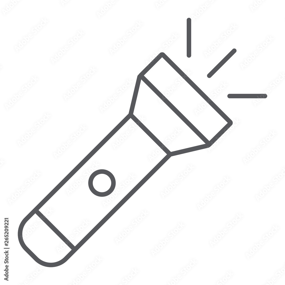 Poster flashlight thin line icon, light and lamp, torch sign, vector graphics, a linear pattern on a white 