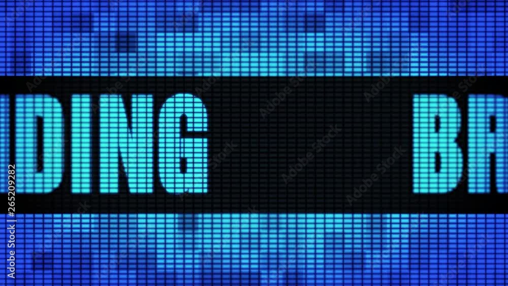 Poster branding front text scrolling on light blue digital led display board pixel light screen looped anim