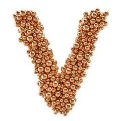 Golden letter V from gold balls, 3D rendering