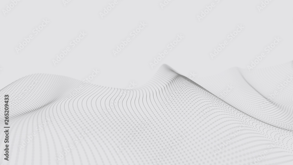 Poster A wave of particles. Futuristic dot wave on white background. Dynamic wave. Wave 3d