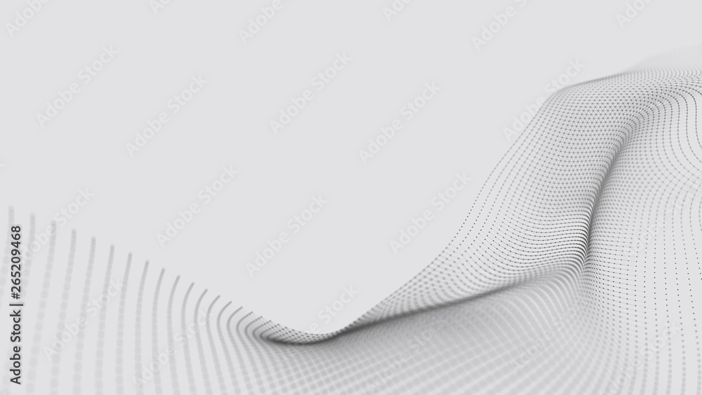 Poster A wave of particles. Futuristic dot wave on white background. Dynamic wave. Wave 3d