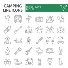 Camping thin line icon set, hiking symbols collection, vector sketches, logo illustrations, travel signs linear pictograms package isolated on white background.