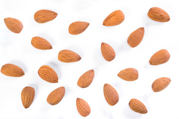 Almonds on white background. Nuts, healthy food.