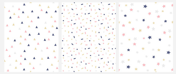 Set of 3 Geometric Seamless Vector Pattern with Pink, Gold and Gray Dots, Triangles, Stars Isolated on a White Background. Simple Lovely Confetti Rain. Bright Starry Layout. Cute Dotted Vector Design. - obrazy, fototapety, plakaty