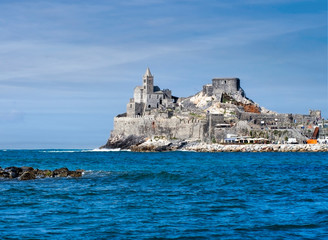 Fototapeta na wymiar St. Peter's Church in Portovenere, La Spezia province Gulf of Poets, Liguria, Italy. NB some unidentifiable people in image.