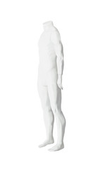 Headless plastic male mannequin for clothing shops. Nude dummy isolated on white background