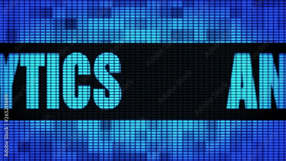 Poster analytics front text scrolling on light blue digital led display board pixel light screen looped ani