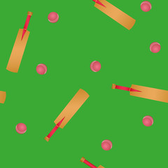 Accessories for cricket. Bat, ball on a green background. Seamless bright vector pattern.