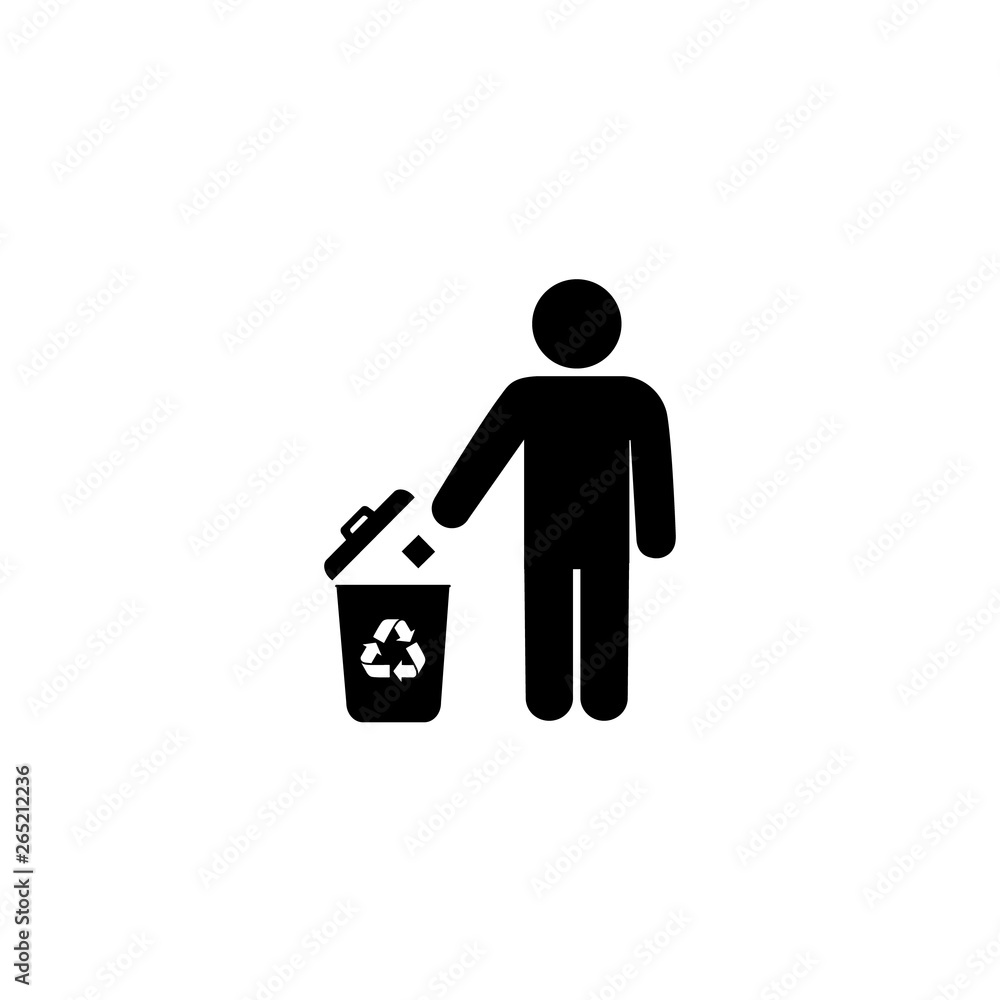 Poster man and trash bin with recycle icon isolated on white background. vector