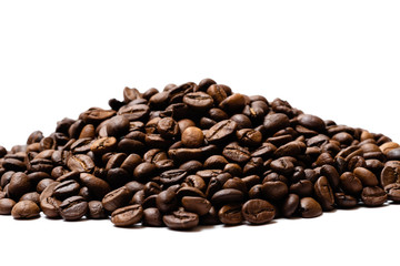 heap of coffee beans on white background