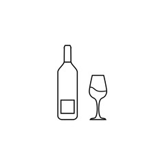 Wine bottle with wine glass outline icon. Minimal line design. Vector illustration