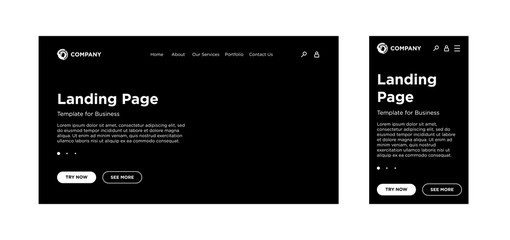 Landing page blank template desktop PC and mobile adaptive version. Site layout black background. Vector design for business corporate website or app