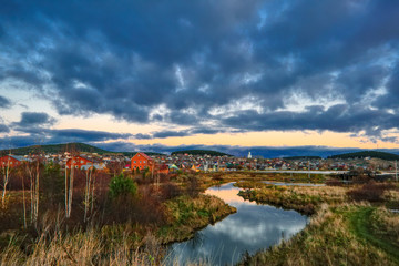 Autumn rural landscape in the Ural mountains.