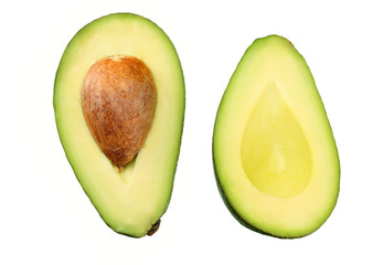 sliced avocado isolated on white background. top view