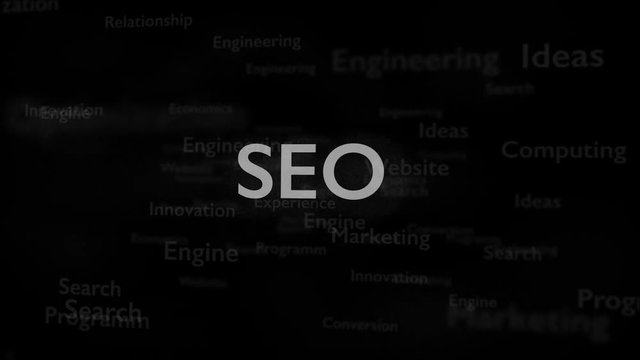 Black background with different words, which deal with Search Engine Optimization. The bold shimering word is situated on the centre of composition. Close up. Copy space. 3D. Animatiom. 4K.