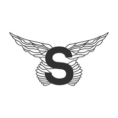 Elegant dynamic letter S with wings. Linear design. Can be used for tattoo, any transportation service or in sports areas. Vector illustration isolated on white background