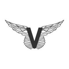Elegant dynamic letter V with wings. Linear design. Can be used for tattoo, any transportation service or in sports areas. Vector illustration isolated on white background