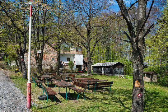 Cer, Serbia April 19, 2019: Mountaineering house "Lipova voda" at the top of the mountain Cer. It is located at an altitude of 640 meters.