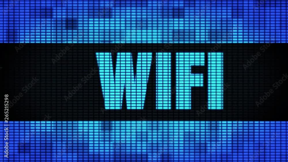 Poster wifi front text scrolling on light blue digital led display board pixel light screen looped animatio
