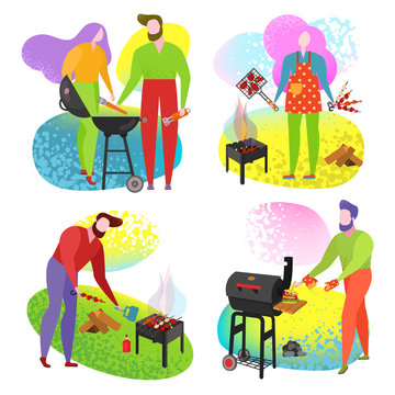 Barbecue poster people cooking grilled
